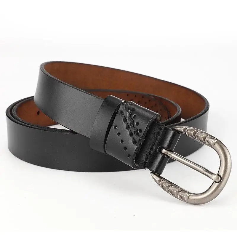 Black leather belt featuring a silver decorative buckle for stylish accessories