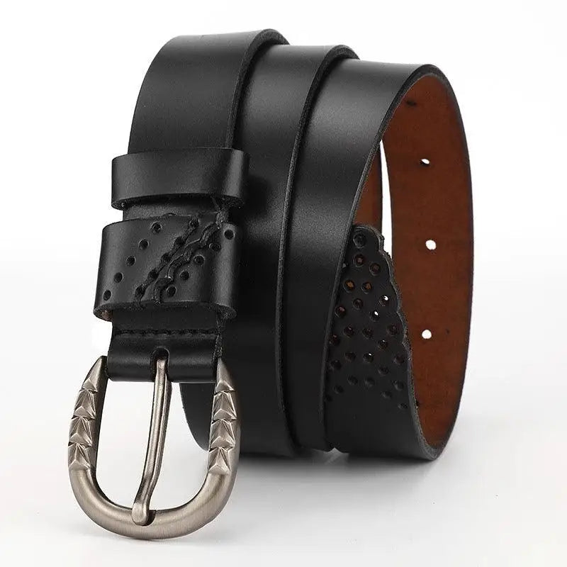 Black leather belt with a silver decorative buckle for stylish accessories