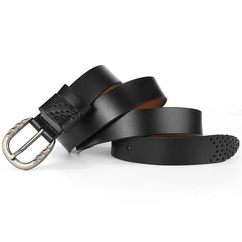 Black leather belt with silver decorative buckle for stylish fashion accessory