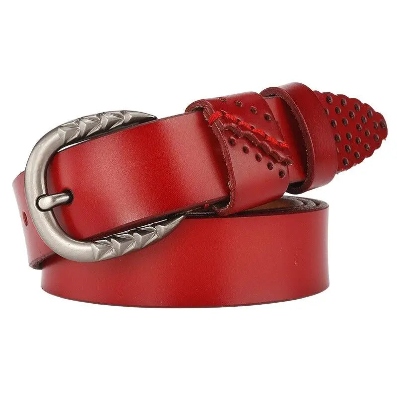 Red leather belt with decorative buckle from Black Leather Belt with Silver Decorative Buckle product line