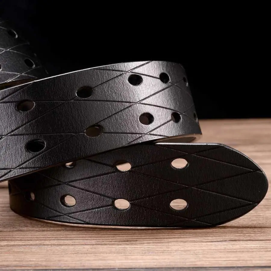 High-quality split leather belt with geometric cutouts and silver buckle