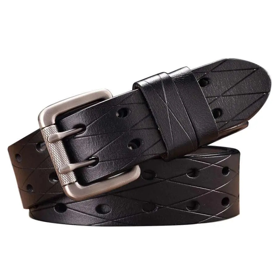High-quality split leather belt with double prong silver buckle and geometric cutouts