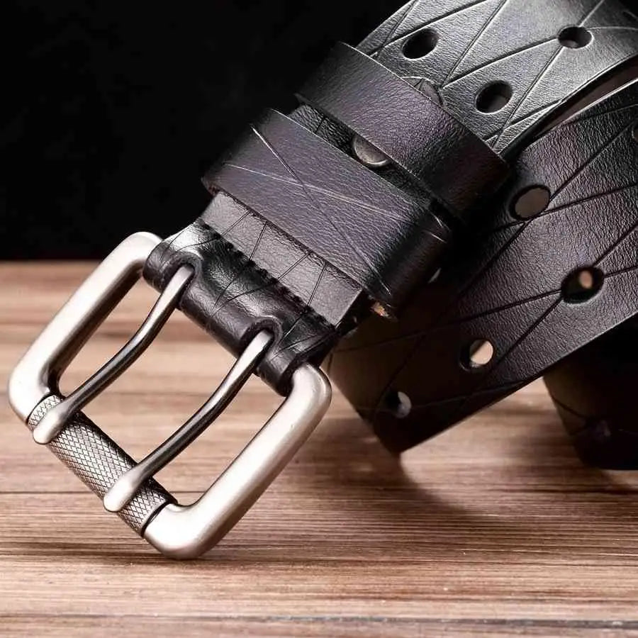 High-quality split leather belt with silver buckle and geometric cutouts