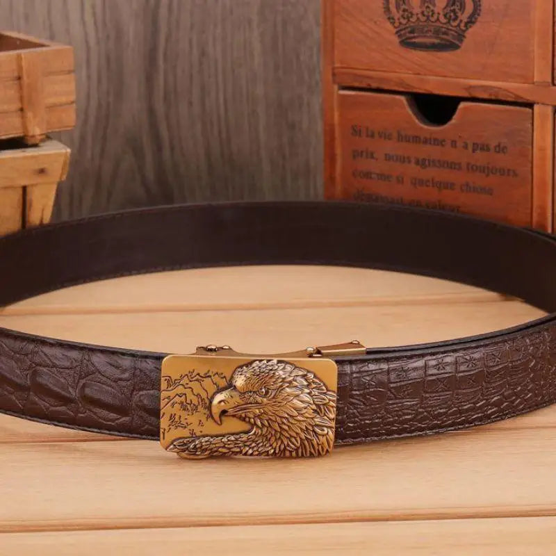 Brown crocodile-pattern belt with eagle buckle in Abaka Leather, a premium leather belt