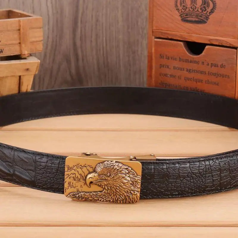 Black leather belt with eagle buckle made from Abaka Leather and crocodile pattern