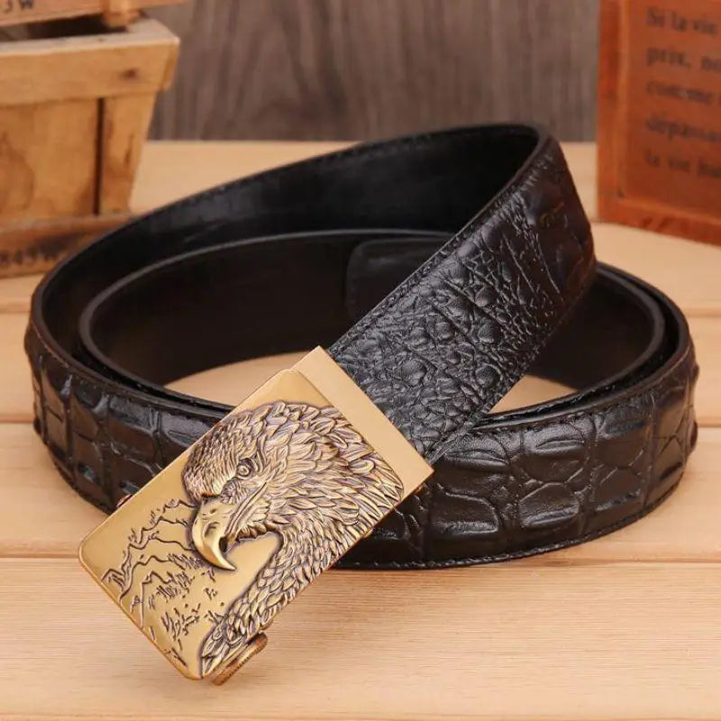 Black crocodile-patterned abaka leather belt with eagle buckle for stylish accessories