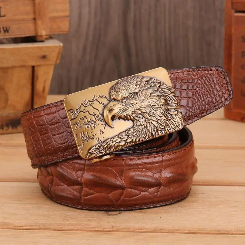 Brown crocodile-patterned abaka leather belt with an eagle buckle for stylish accessories