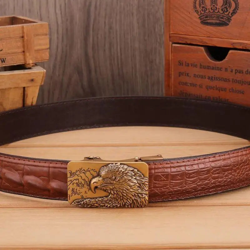 Brown leather belt with eagle buckle in Abaka leather and crocodile pattern for style