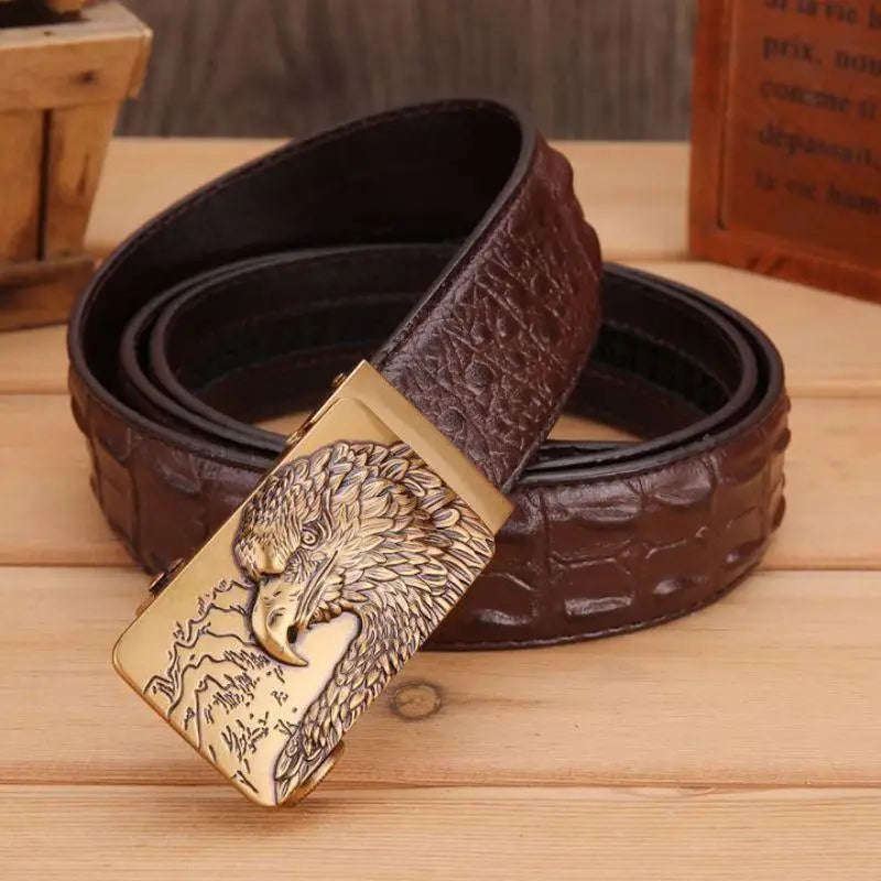 Brown leather belt with eagle buckle made from Abaka leather and crocodile pattern