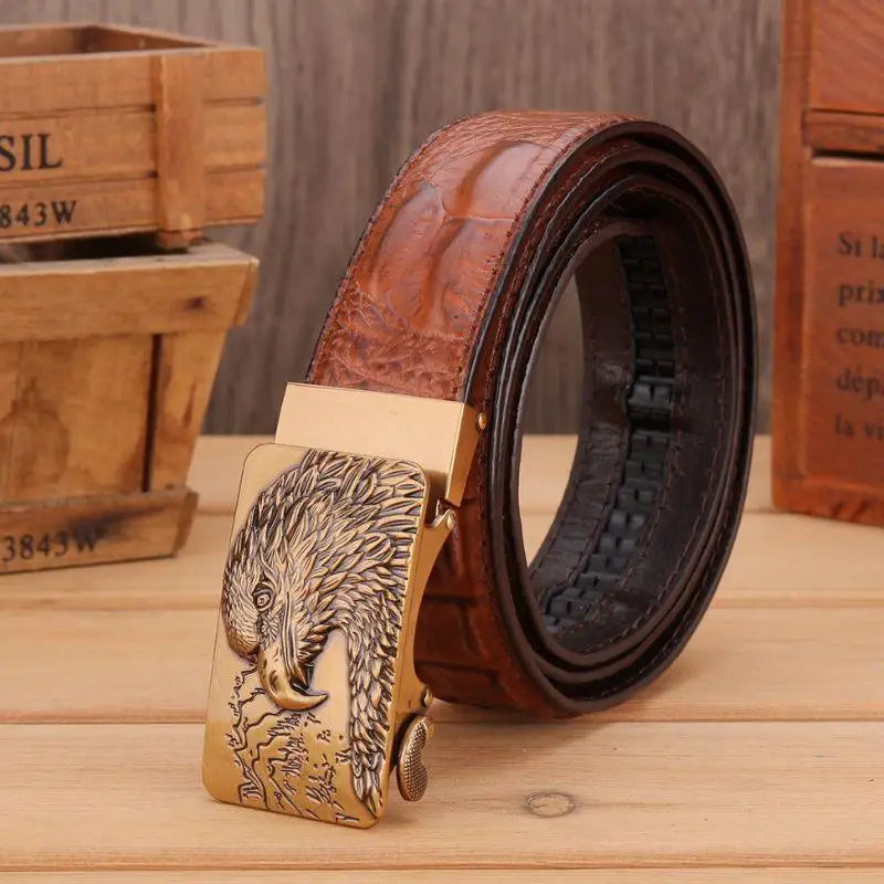 Brown leather belt with eagle buckle in Abaka Leather and Crocodile Pattern