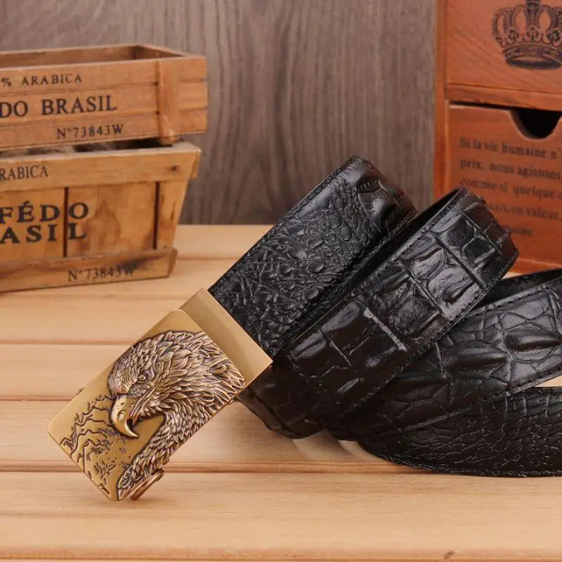 Black crocodile leather belt with eagle buckle in Abaka leather for a stylish leather belt option