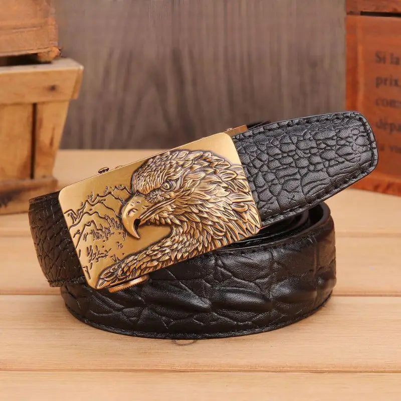 Black leather belt with eagle buckle in abaka leather and crocodile pattern