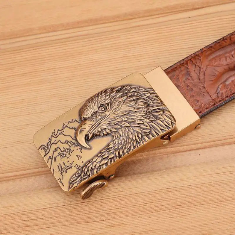 Leather belt with eagle buckle crafted from Abaka Leather and crocodile pattern