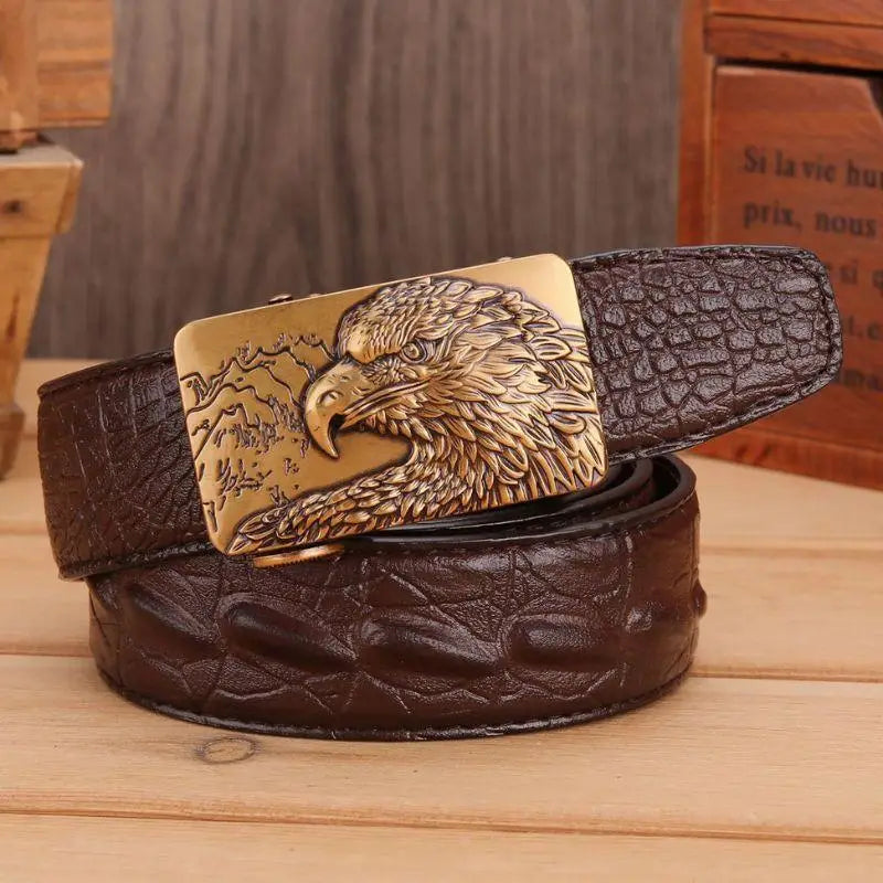 Brown leather belt with eagle buckle in Abaka leather featuring crocodile pattern