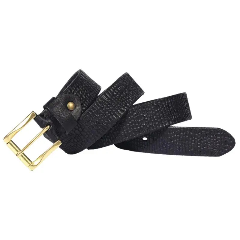 Sinaaq cracked leather belt with textured black leather and gold brass buckle