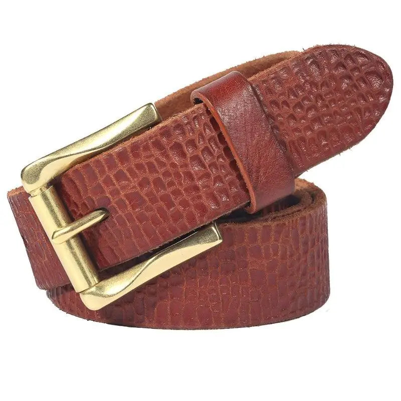 Sinaaq cracked leather belt with textured brown finish and gold brass buckle