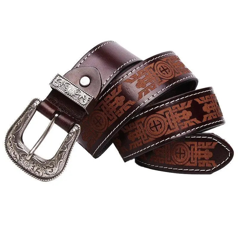 Western leather belt with silver buckle and ornate pattern for classic style