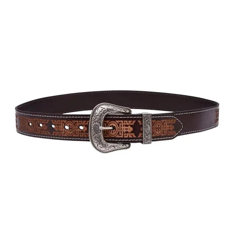 Western leather belt with silver buckle, perfect for classic western style outfits
