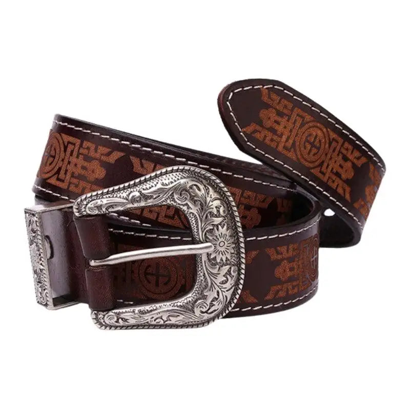 Western leather belt with ornate silver buckle and decorative pattern for classic style