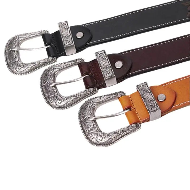 Western leather belts with ornate buckles showcasing classic Western leather style