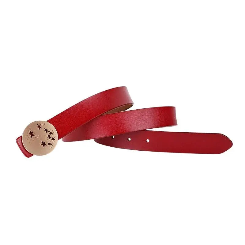 Red leather belt with star-studded buckle from Leather Belts with Decorative Buckles in Brown Finishes