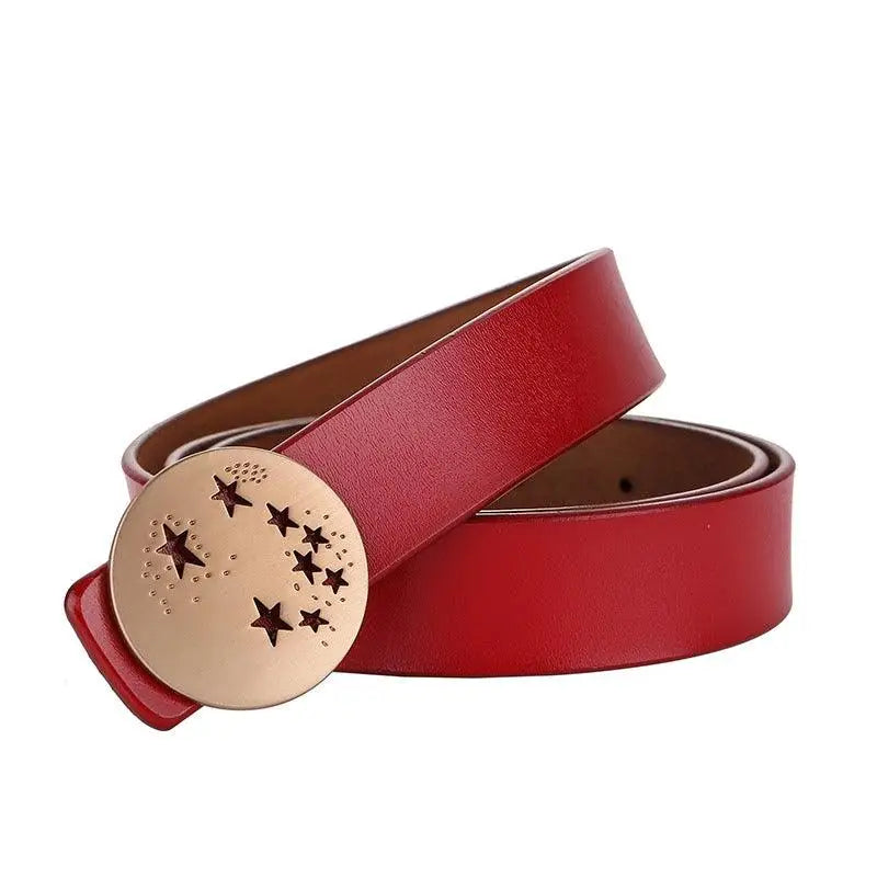 Red leather belt with a star-shaped buckle from Leather Belts with Decorative Buckles in Brown Finishes