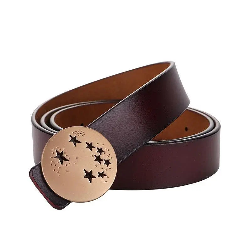 Burgundy leather belt with a star-patterned decorative buckle from Leather Belts with Decorative Buckles in Brown Finishes