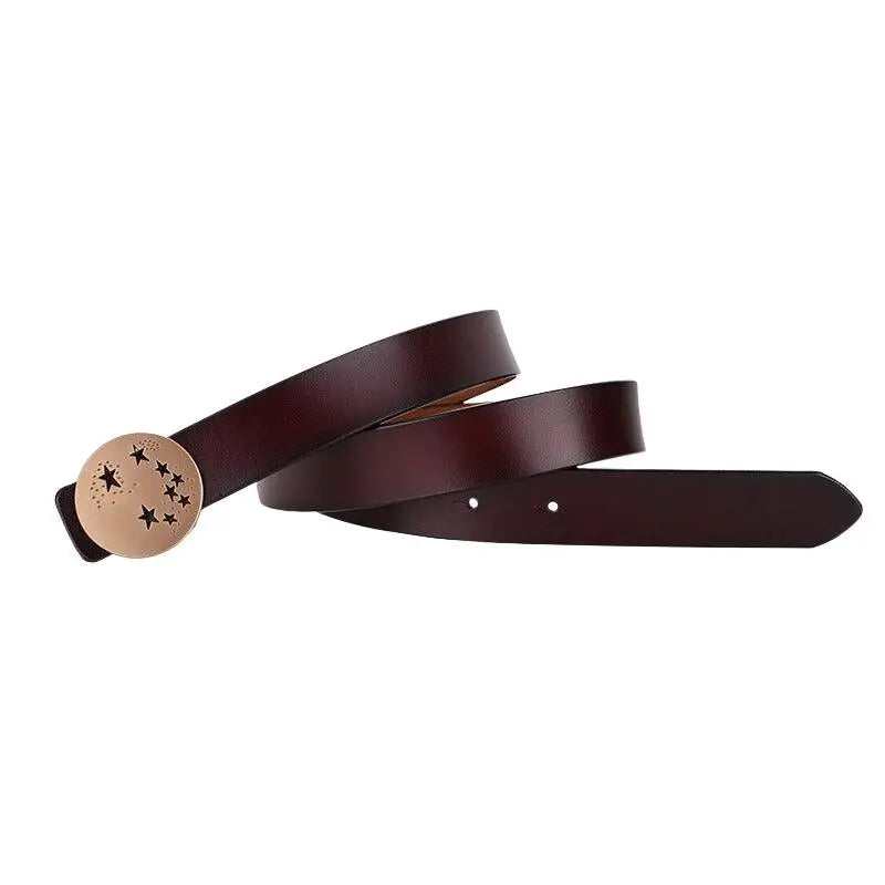 Burgundy leather belt with a star-patterned buckle from Leather Belts with Decorative Buckles in Brown Finishes