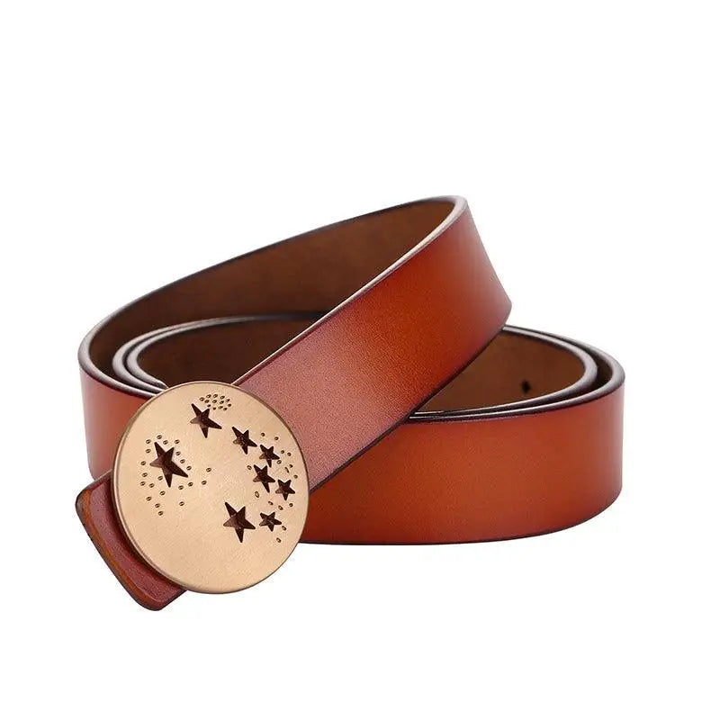 Brown leather belt featuring a star-patterned decorative buckle for stylish accents