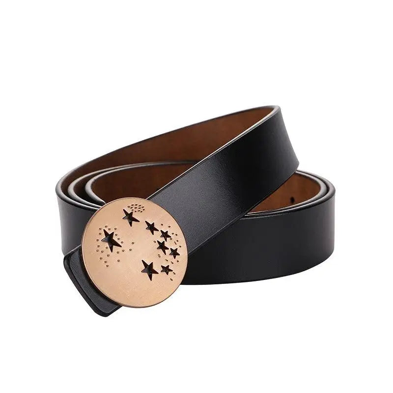 Black leather belt featuring a star-cutout buckle from Leather Belts with Decorative Buckles in Brown Finishes