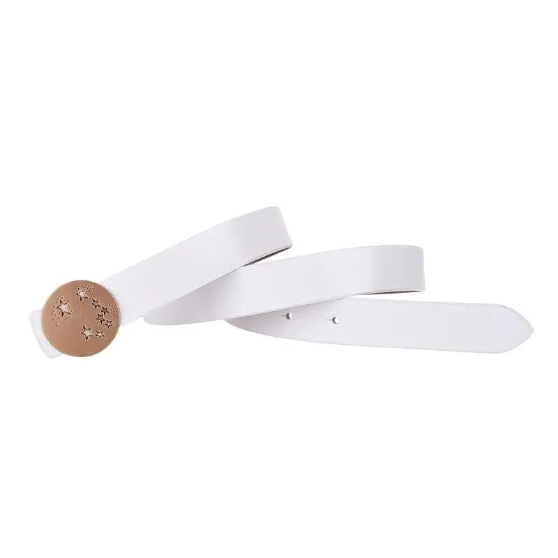 White leather belt featuring a constellation-shaped decorative buckle
