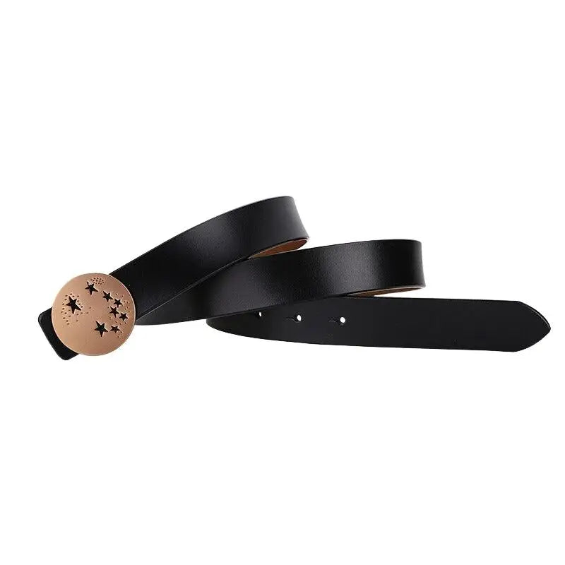 Black leather belt featuring a star-patterned decorative buckle in a brown finish