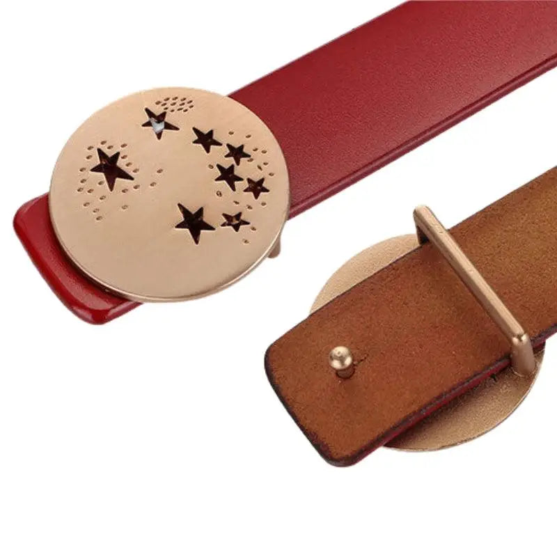 Two brown leather belts with decorative buckles displayed for the Leather Belts with Decorative Buckles in Brown Finishes product