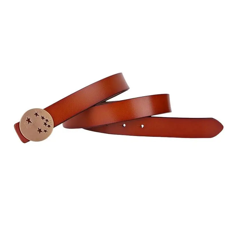 Brown leather belt featuring a star-patterned decorative buckle for stylish accessory