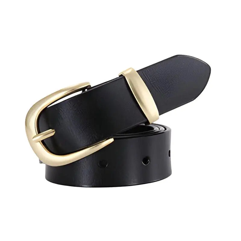 Black leather belt featuring a stylish golden buckle for the Distressed Blue Jeans look
