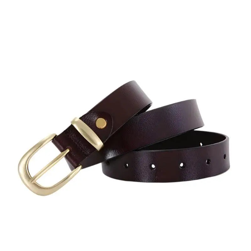 Brown leather belt featuring a stylish golden buckle for Distressed Blue Jeans