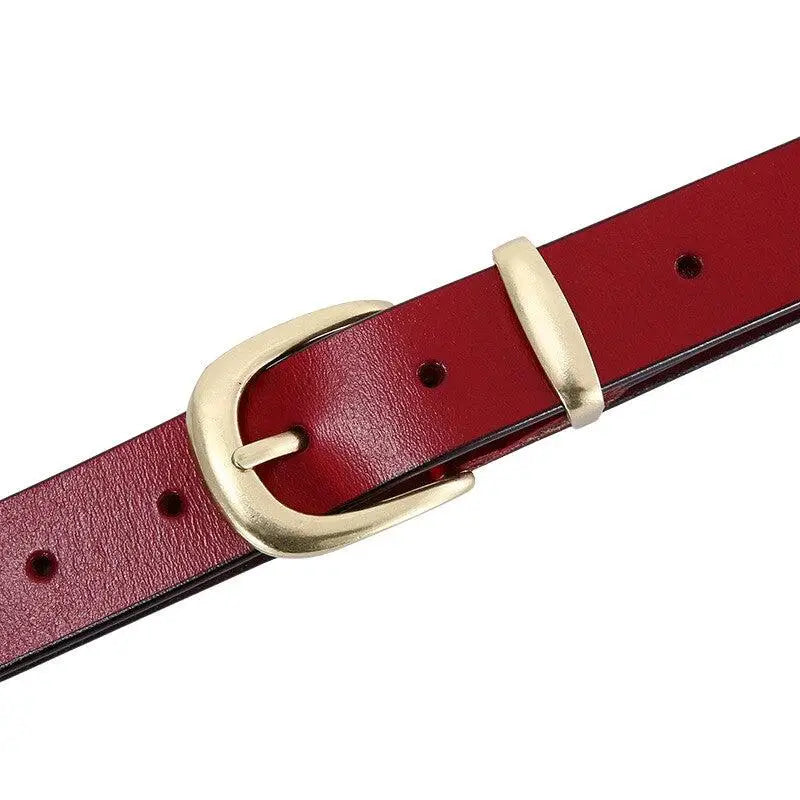 Red leather belt with a stylish golden buckle from Distressed Blue Jeans collection
