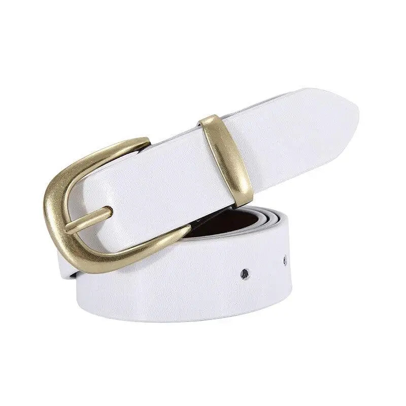 White leather belt with a stylish golden buckle from Distressed Blue Jeans collection