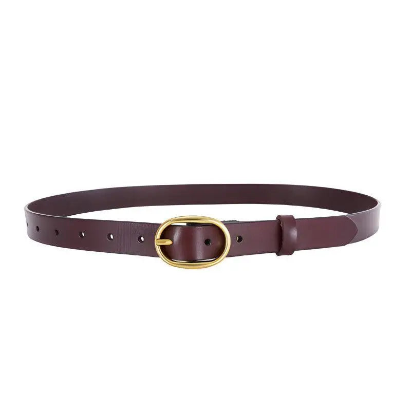 Burgundy leather Fiona women’s belt with gold oval buckle, stylish women’s belt accessory