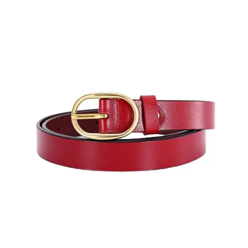 Red leather Fiona women’s belt with gold oval buckle, stylish women’s belt accessory