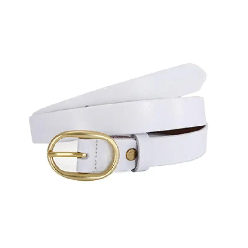 White leather Fiona women’s belt with gold oval buckle for women’s accessories