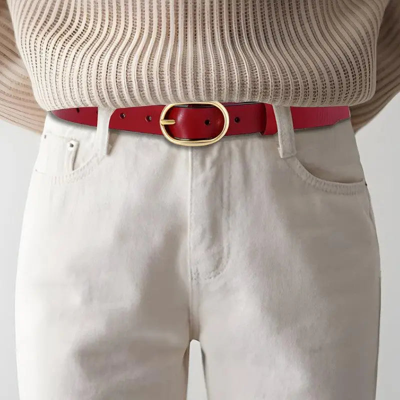 Fiona Women’s Belt in leather with gold oval buckle, stylish women’s belt accessory