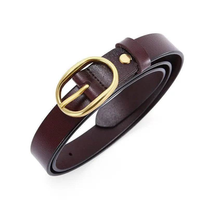 Brown leather Fiona women’s belt with gold oval buckle for women’s fashion accessories