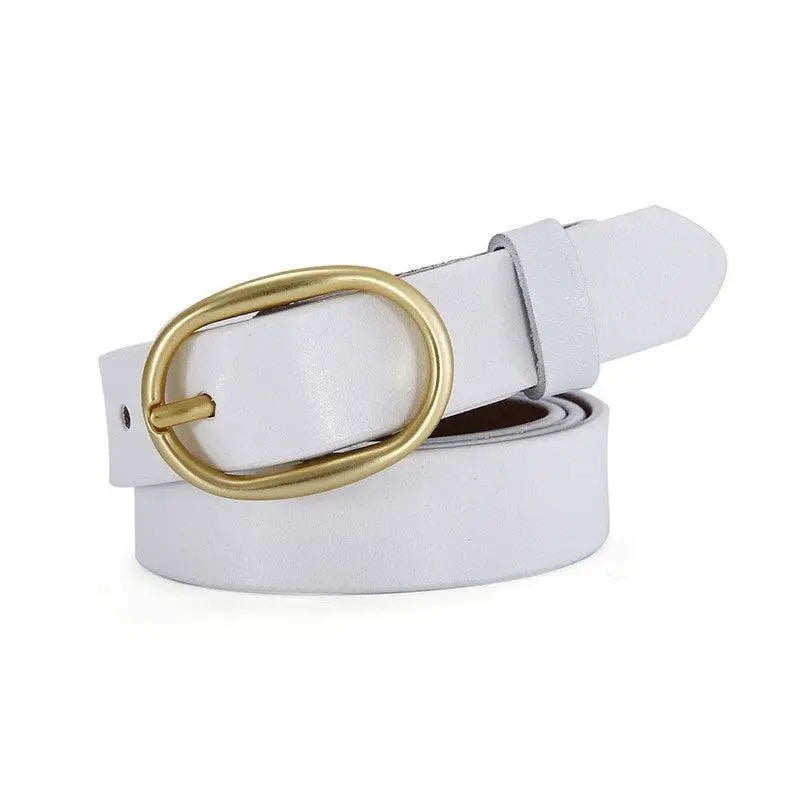 White leather Fiona women’s belt with gold oval buckle for women’s fashion accessory