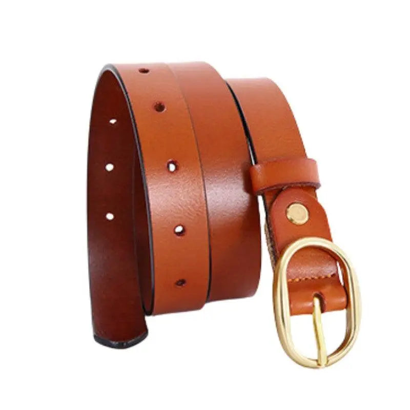 Fiona Women’s Belt in Brown Leather with Gold Oval Buckle, stylish women’s belt accessory