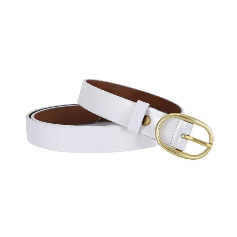White leather Fiona women’s belt with gold oval buckle for stylish women’s accessories