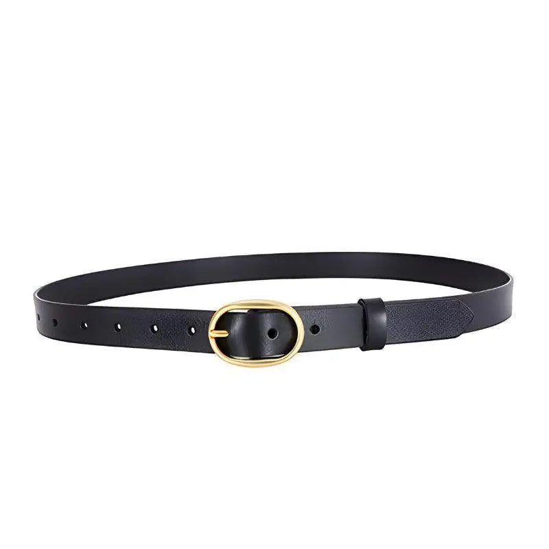Fiona women’s belt in black leather with gold oval buckle for stylish women’s accessory
