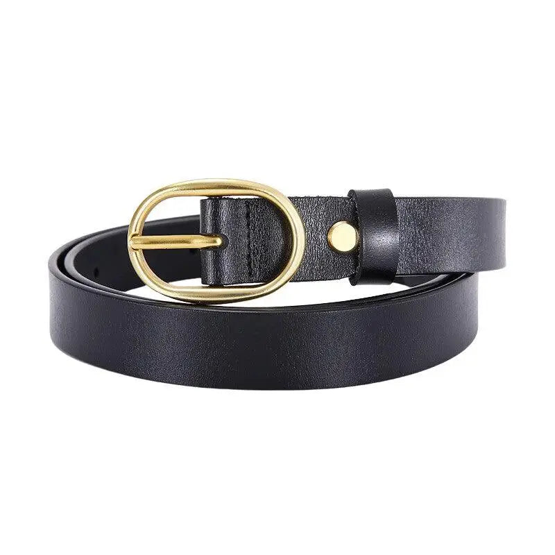 Fiona Women’s Belt in Black Leather with Gold Oval Buckle, stylish women’s belt accessory