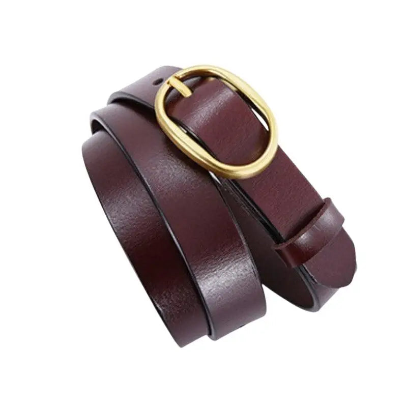 Fiona Women’s Belt in Burgundy Leather with Gold Oval Buckle, stylish women’s belt