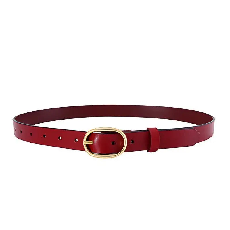 Red leather Fiona Women’s Belt with gold oval buckle, stylish women’s belt accessory